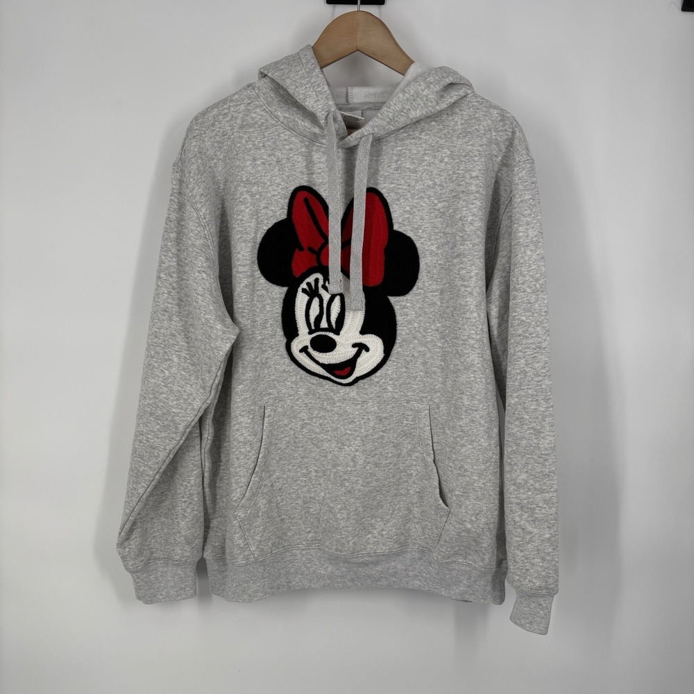 Disney Minnie Mouse Womens Pullover Hoodie XL Gray‎ Embroidered Patch Disneyana